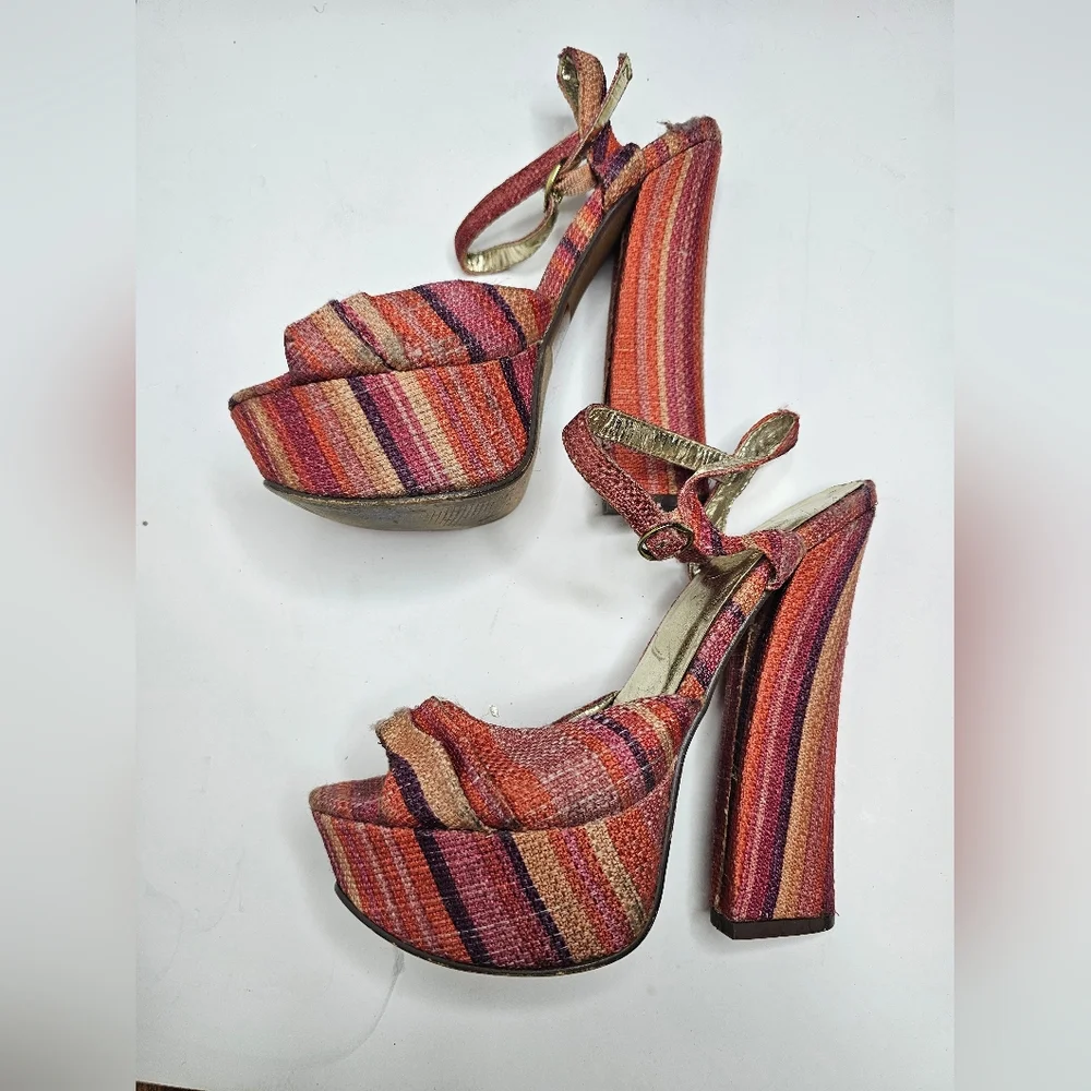 Liliana Multicolor 70s Inspires Stripe Strappy Platform Heels Sandals Women S 7
